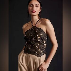 by Anthropologie Butterfly Halter Cropped Eyelet Lace Top in Black & Tan